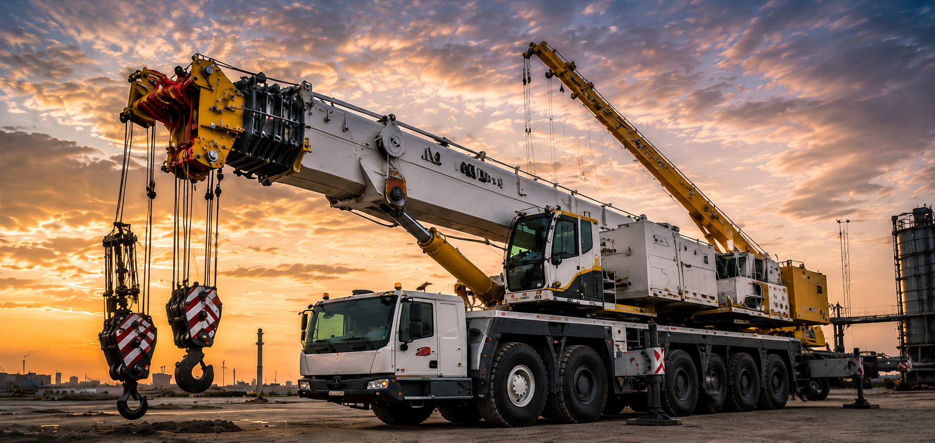 Heavy equipment yard with cranes and machinery